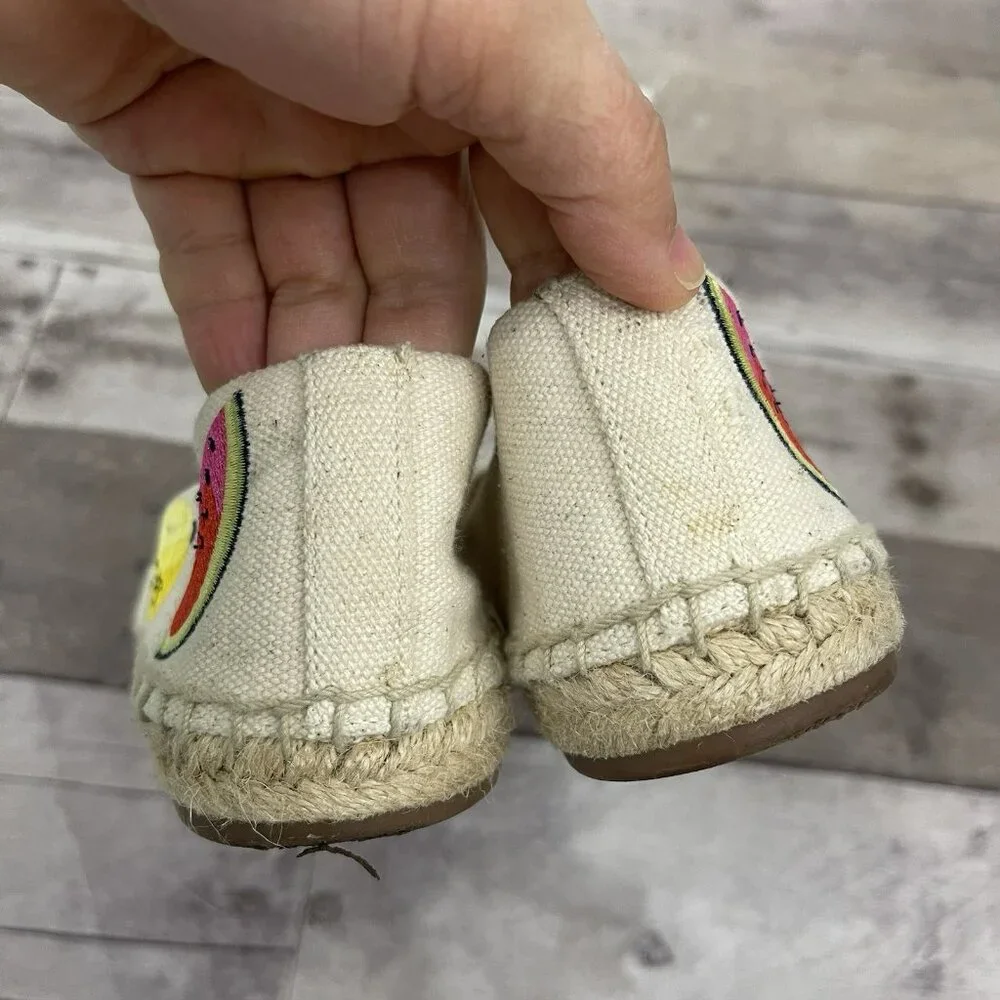 J Crew Canvas Espadrilles Embroidered Fruits Loafers Size 8.5‎ M Sundried Linen